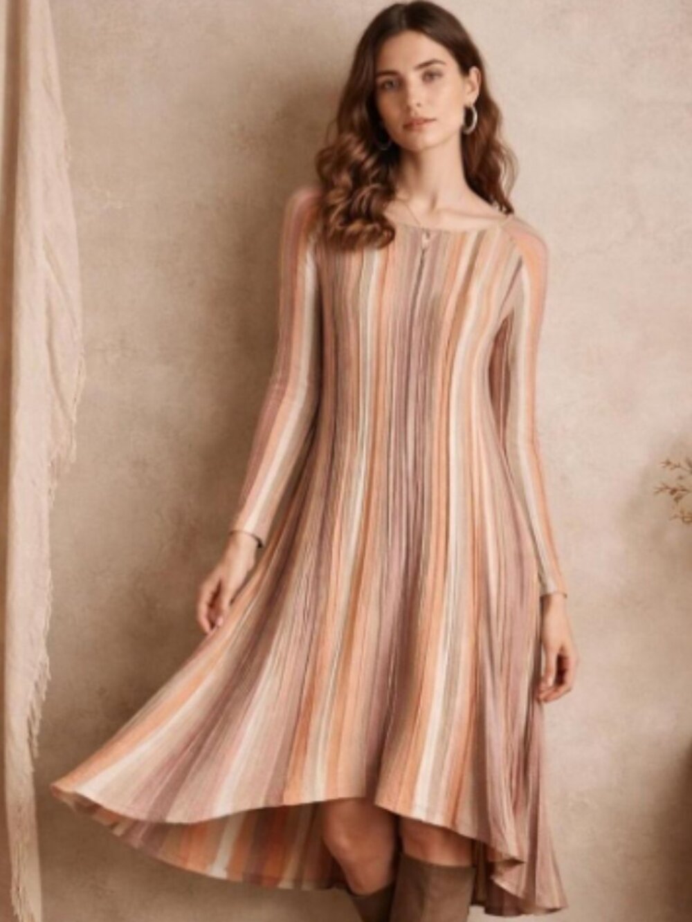 Anthropologie Moth Wool Nora Striped Swing Dress Long Sleeve Boho Size Medium